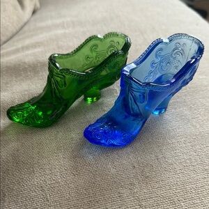 Vintage Green and Blue Glass Boot Figurines